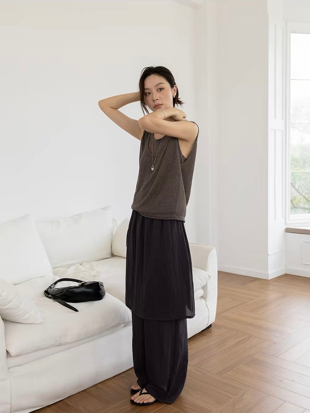 Linen Straight Leg Pants with Skirt
