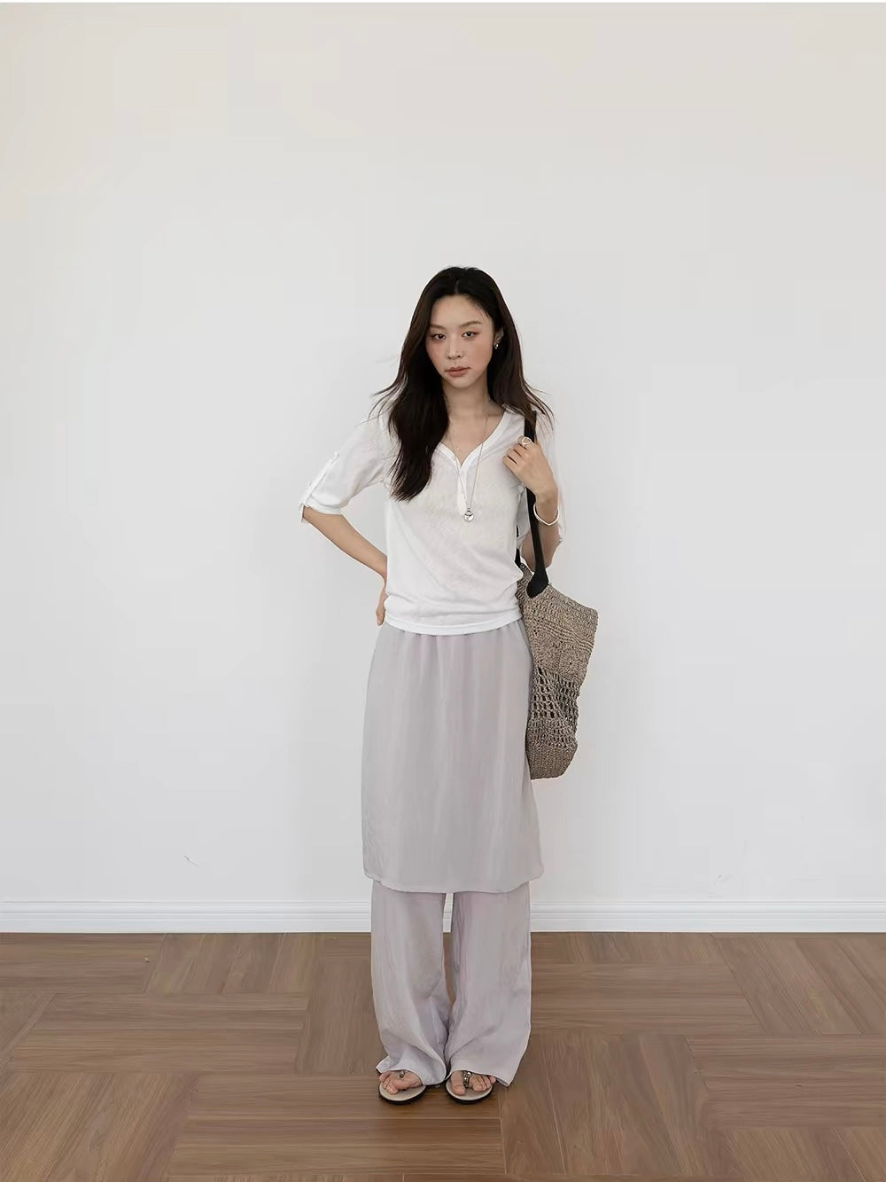 Linen Straight Leg Pants with Skirt