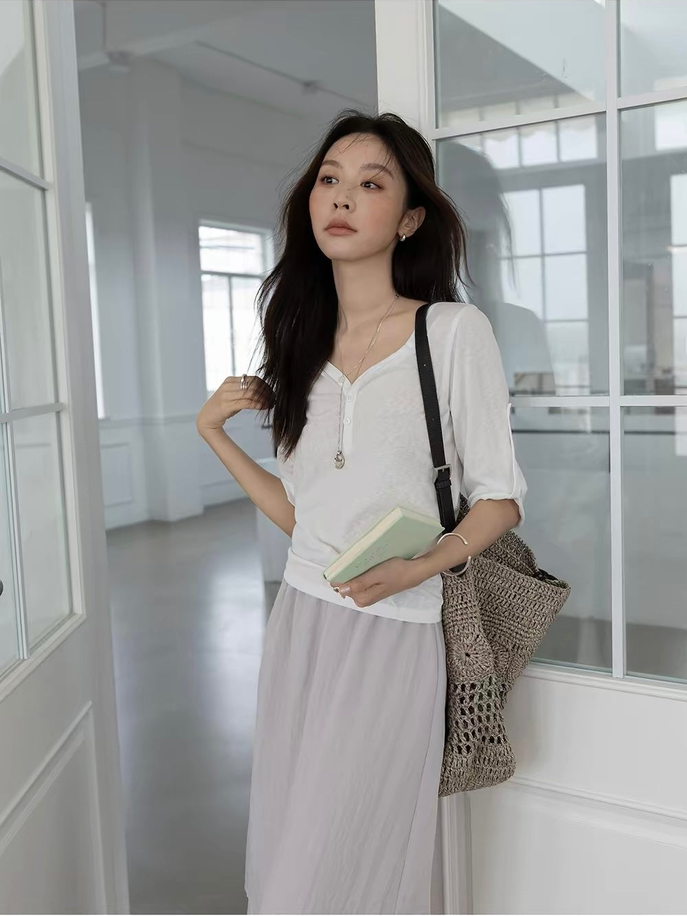 Cotton V-Neck Mid-Sleeve Top
