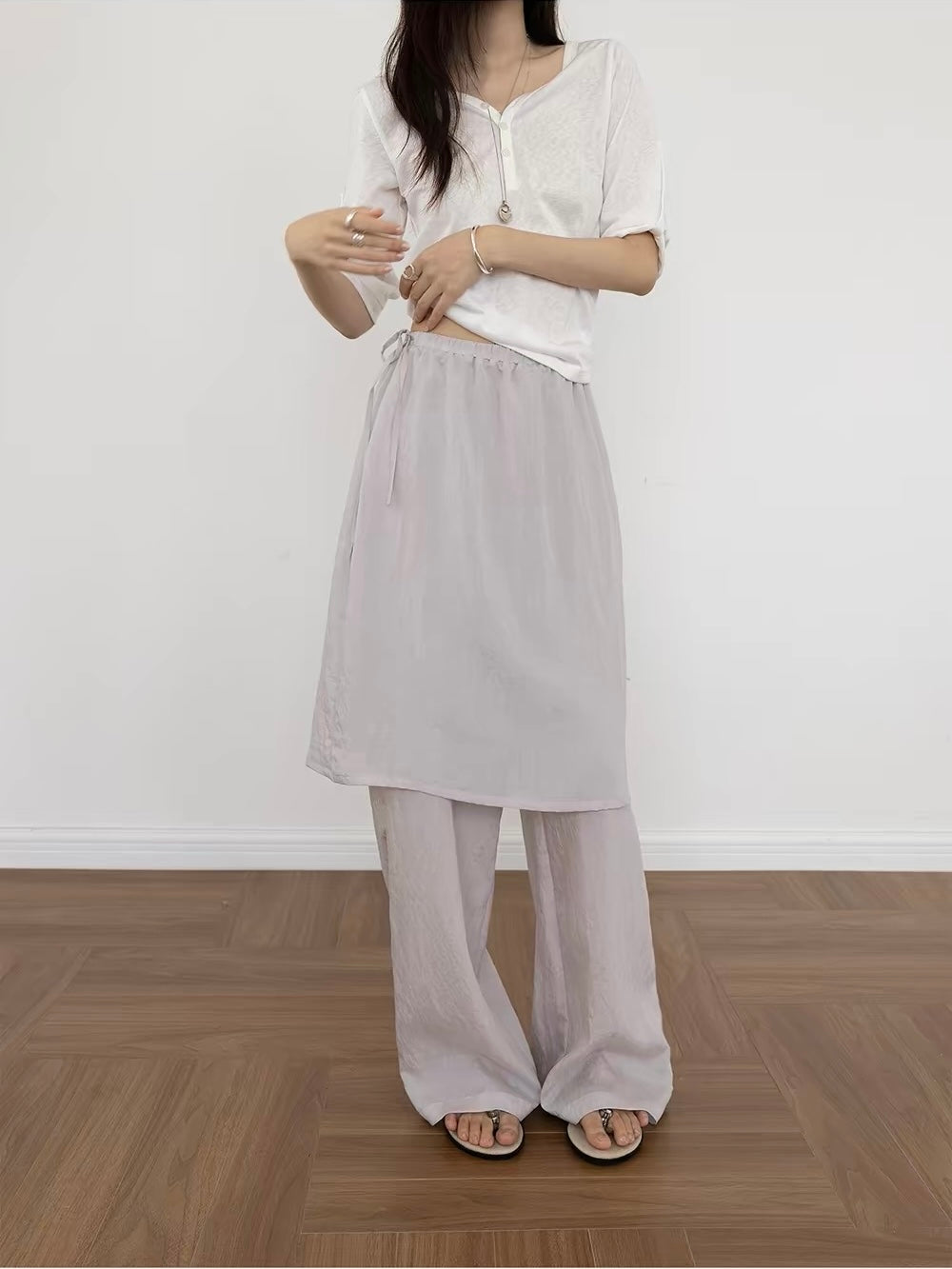 Linen Straight Leg Pants with Skirt