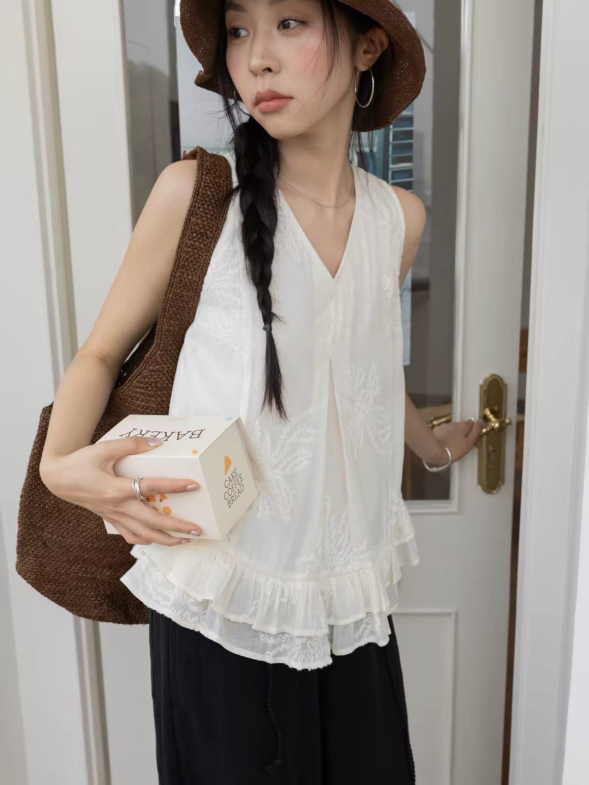 Jacquard V-Neck Peplum Top
