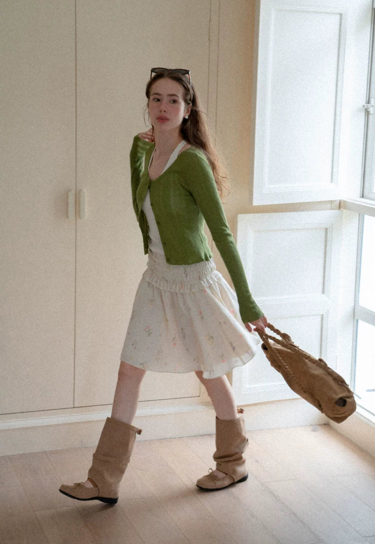 Round-Neck Long-Sleeve Fitted Knit Cardigan