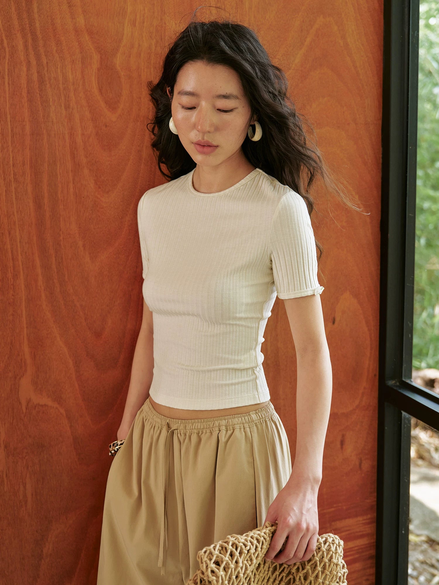 Ribbed Short-Sleeve Fitted T-Shirt