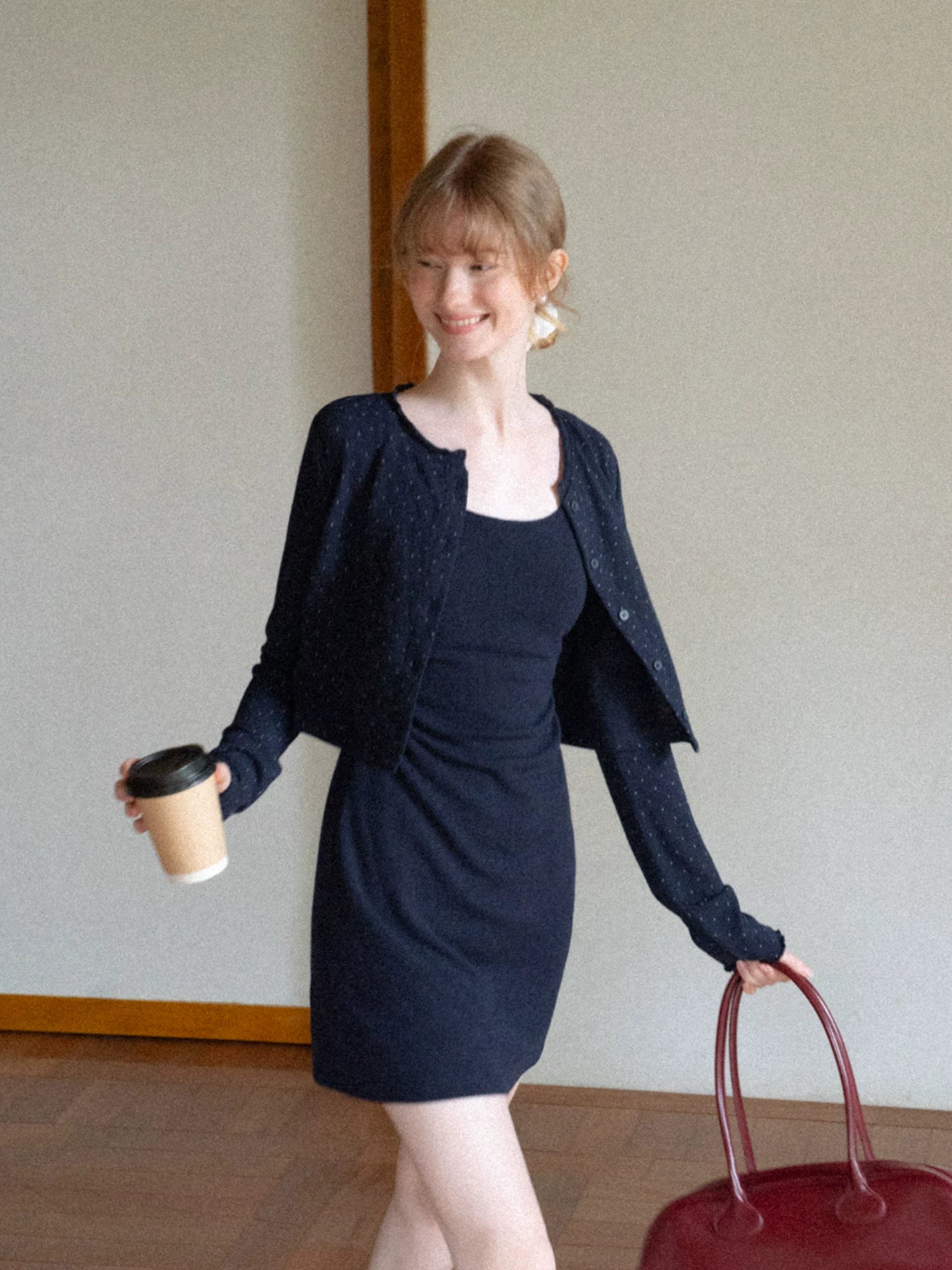 EGGKA polka dot cardigan halter dress set navy large