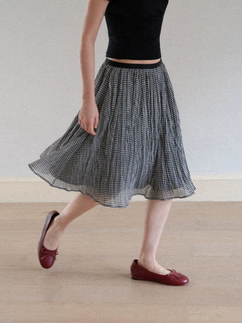 EGGKA black white plaid pleated A-line umbrella skirt small
