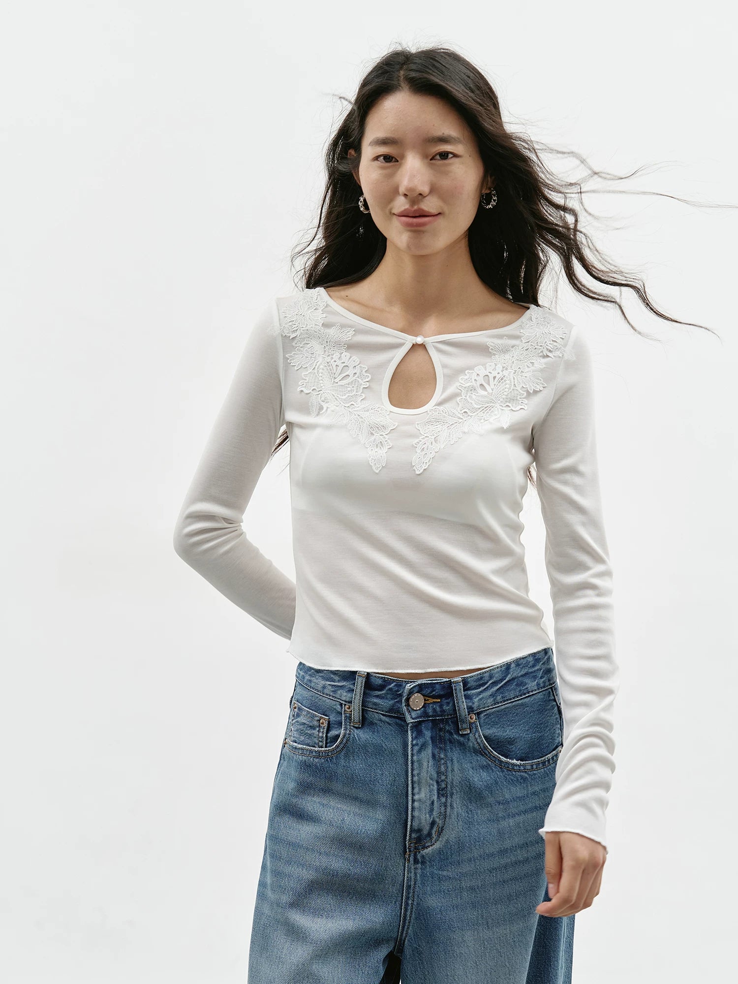Tear-Drop Cutout Lace Embroidery Long-Sleeve Top