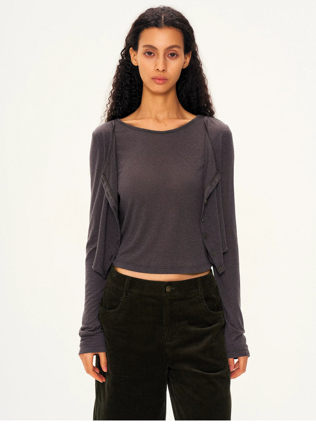 Linen-Blend Faux Two-Piece Long-Sleeve Cardigan Top