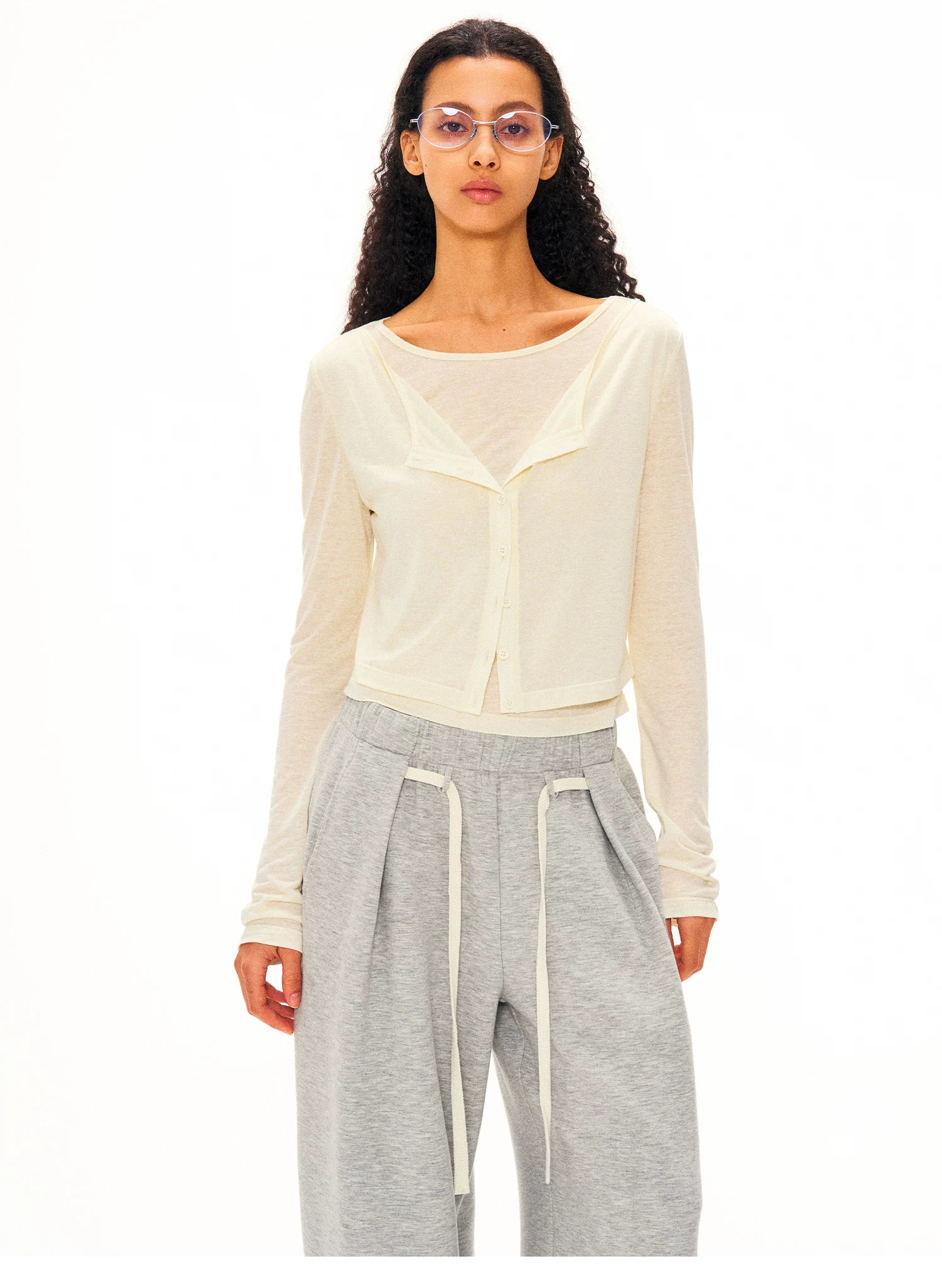 Linen-Blend Faux Two-Piece Long-Sleeve Cardigan Top