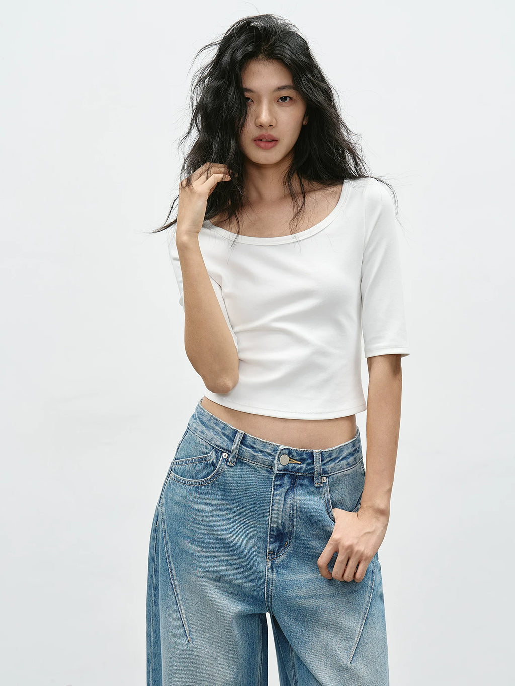 Square-Neck Short-Sleeve Cotton Blend T-Shirt