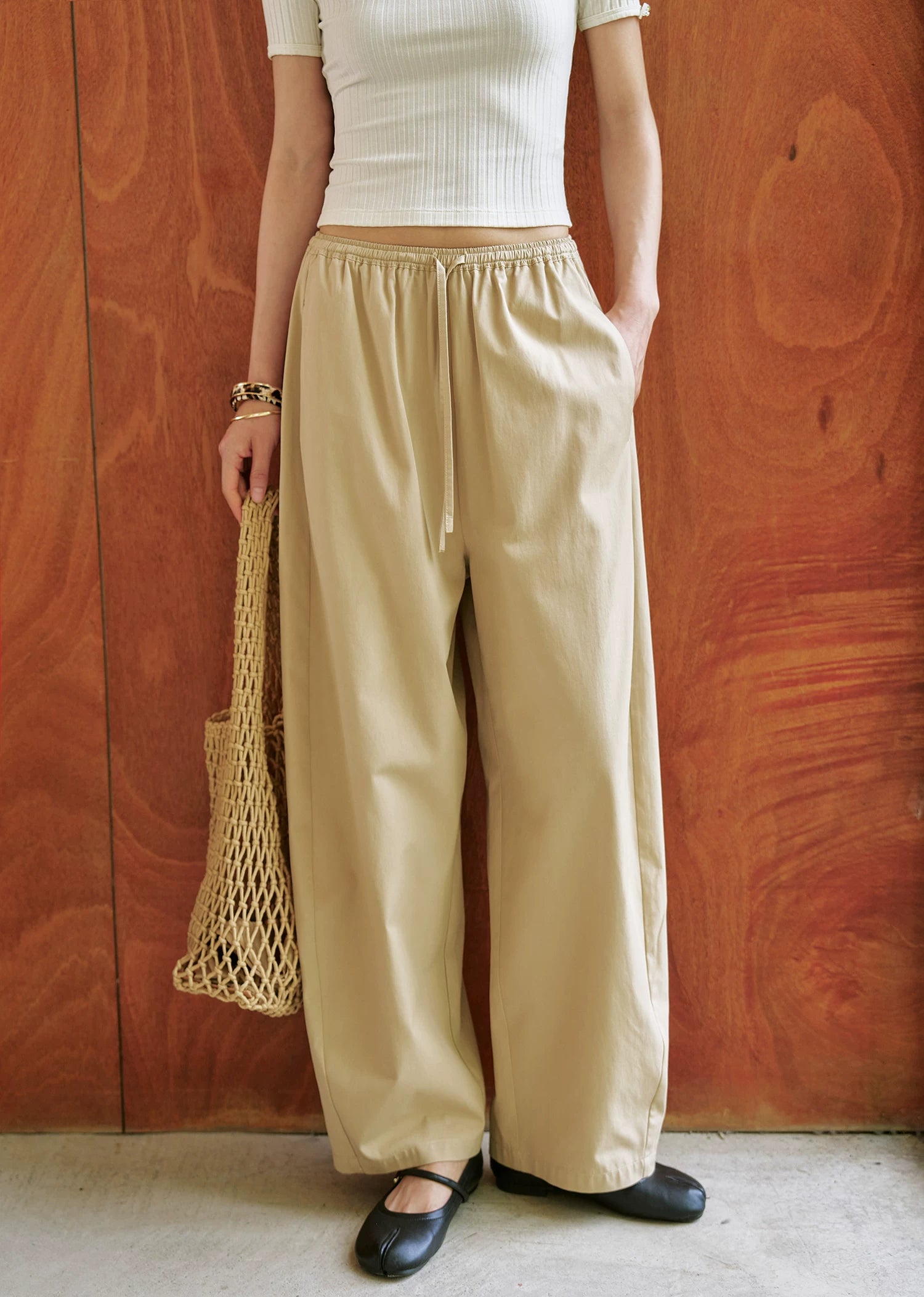 Tencel Cotton Khaki Wide-Leg Pants