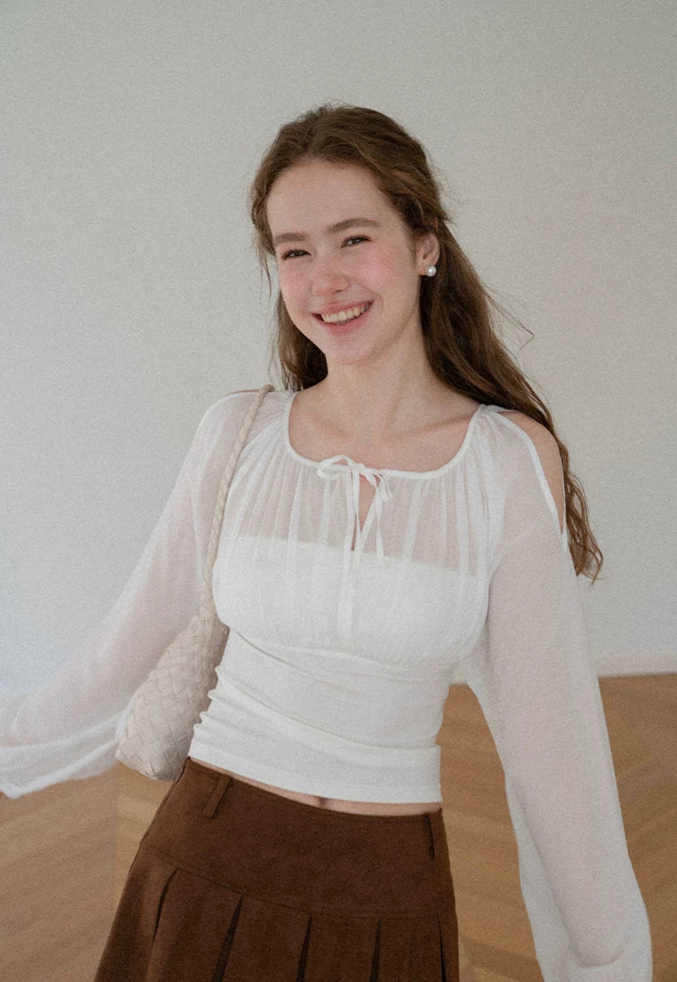 Sheer Off-Shoulder Fitted Floral-Bud Sleeve Blouse