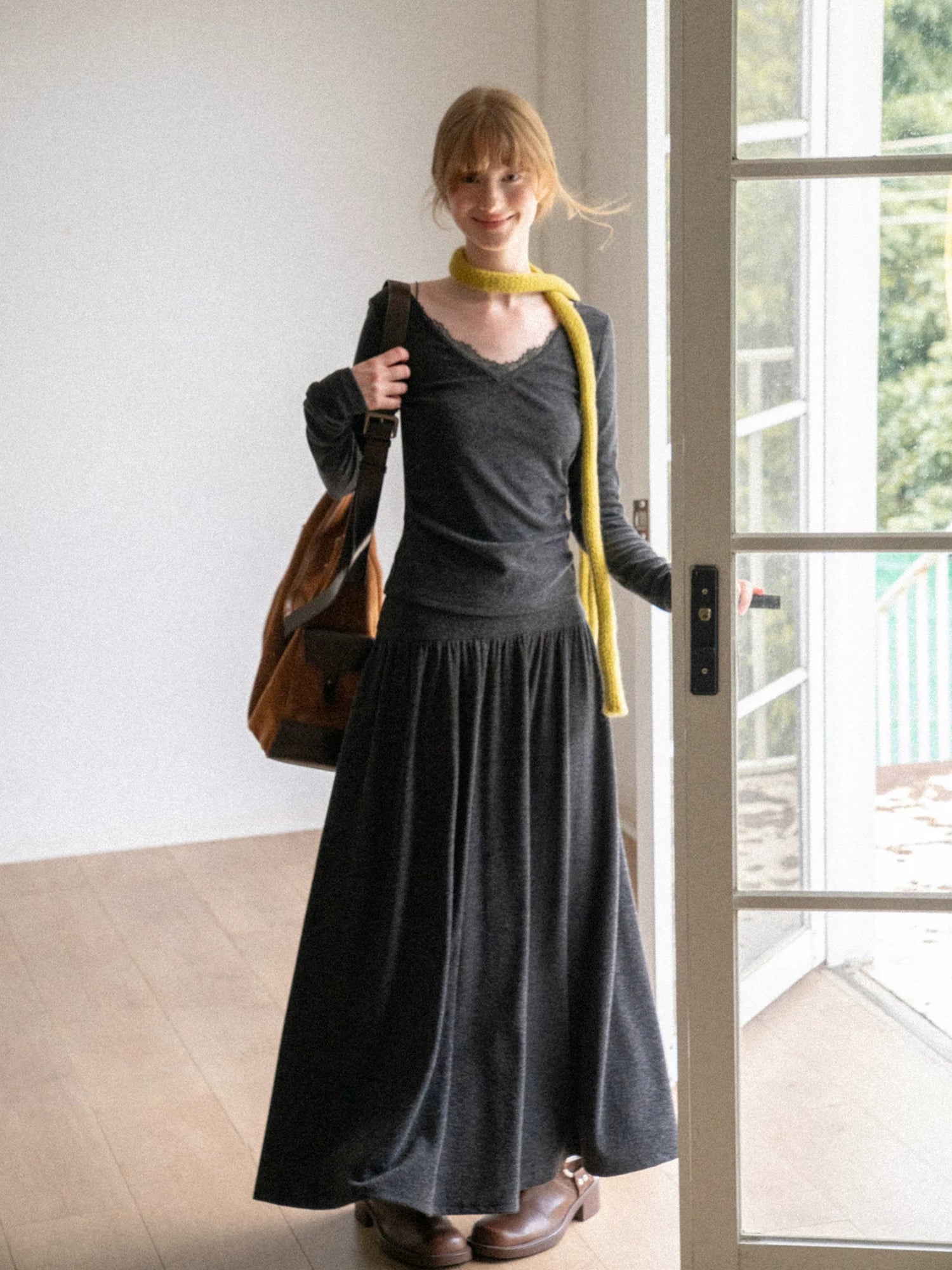 EGGKA eggka high-waist long skirt dark gr dark grey large