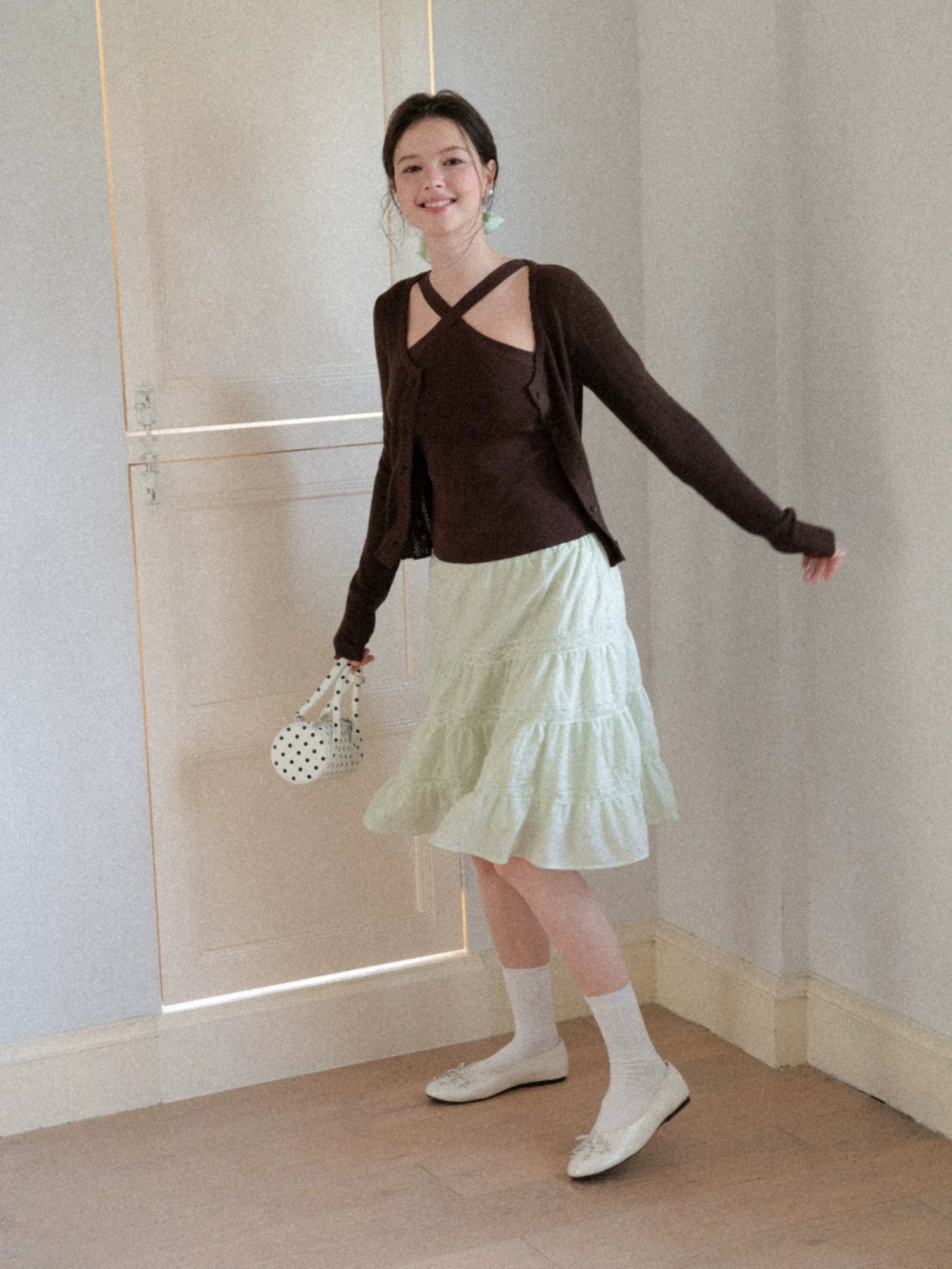 EGGKA eggka french lace splice elastic waist a green medium
