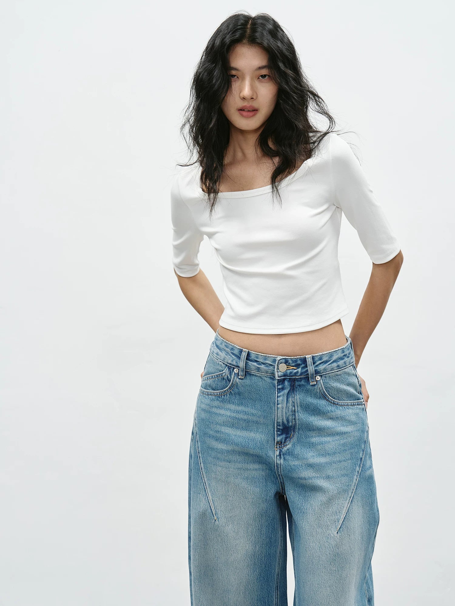Square-Neck Short-Sleeve Cotton Blend T-Shirt