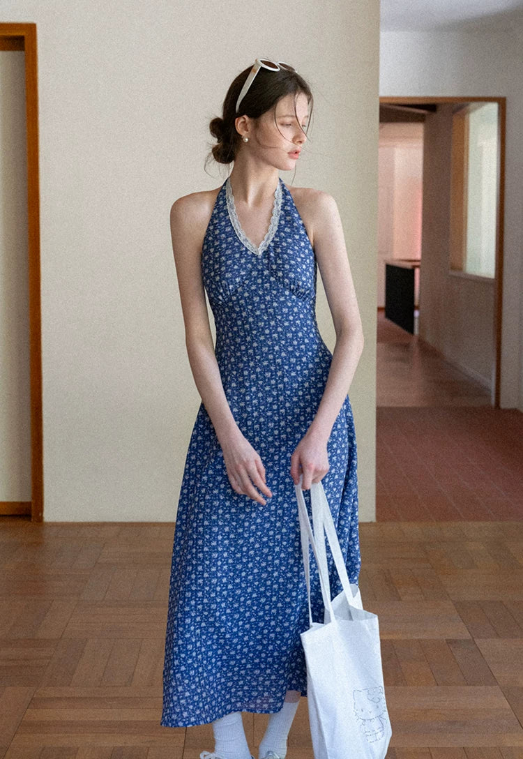 Lace Trim Halter Floral Midi Dress