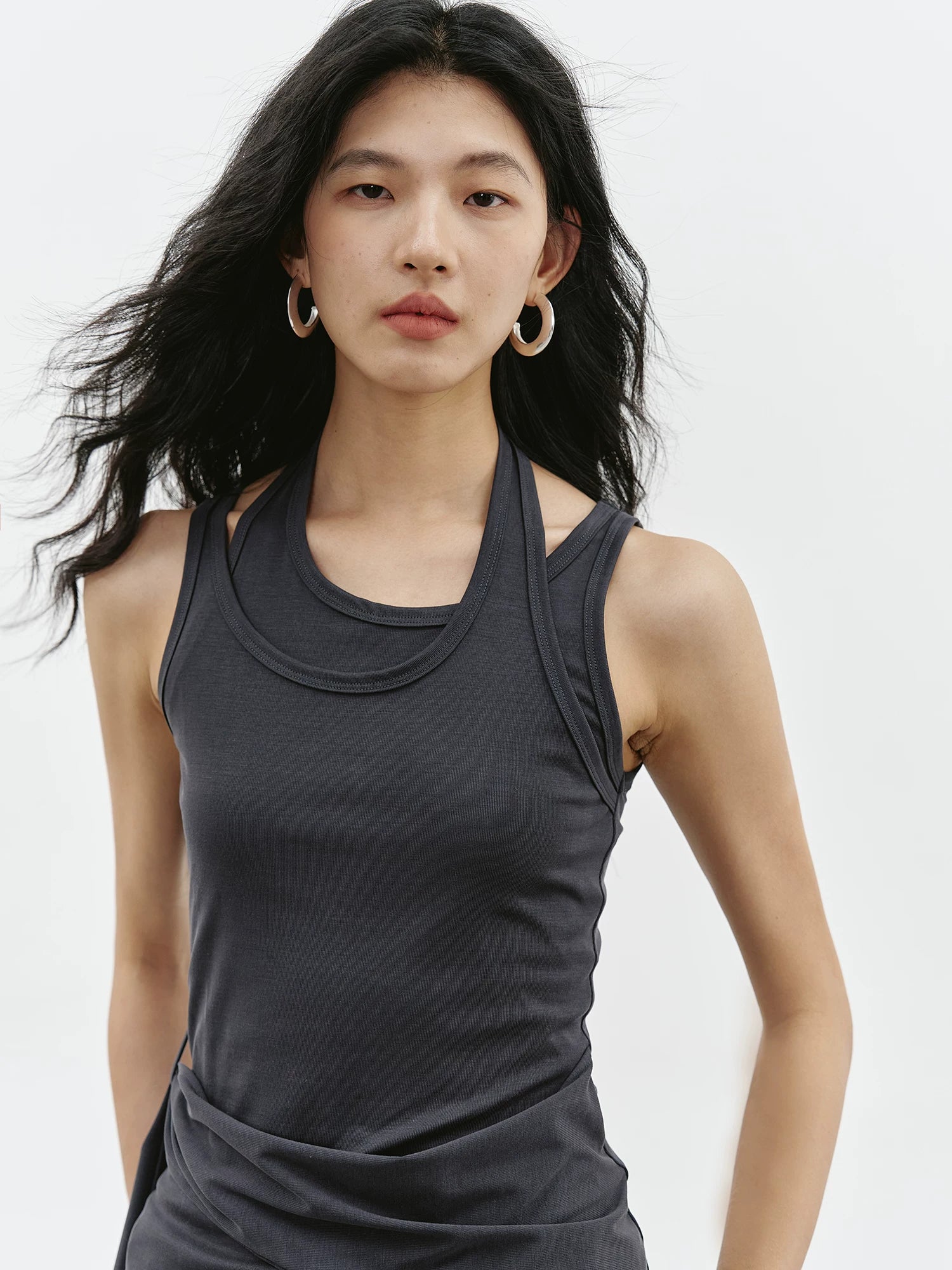High-Stretch Faux Two-Piece Halter Top