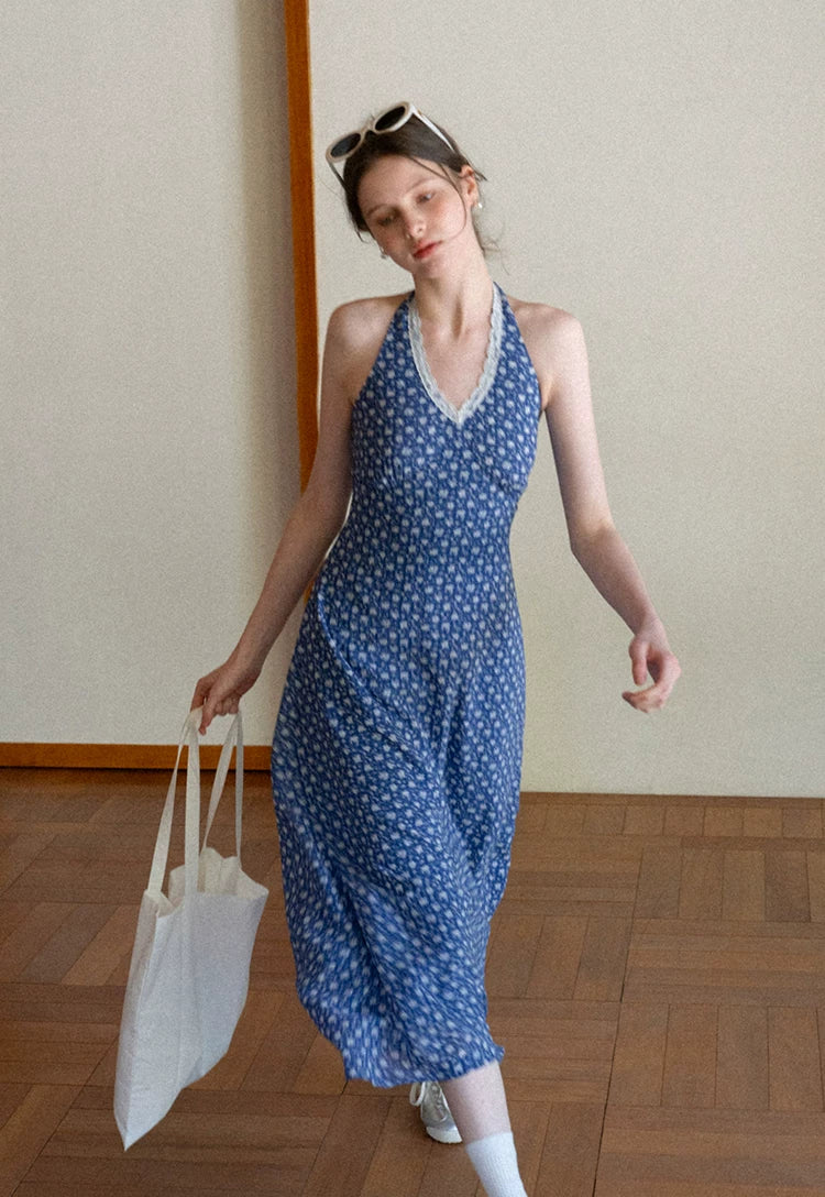 Lace Trim Halter Floral Midi Dress