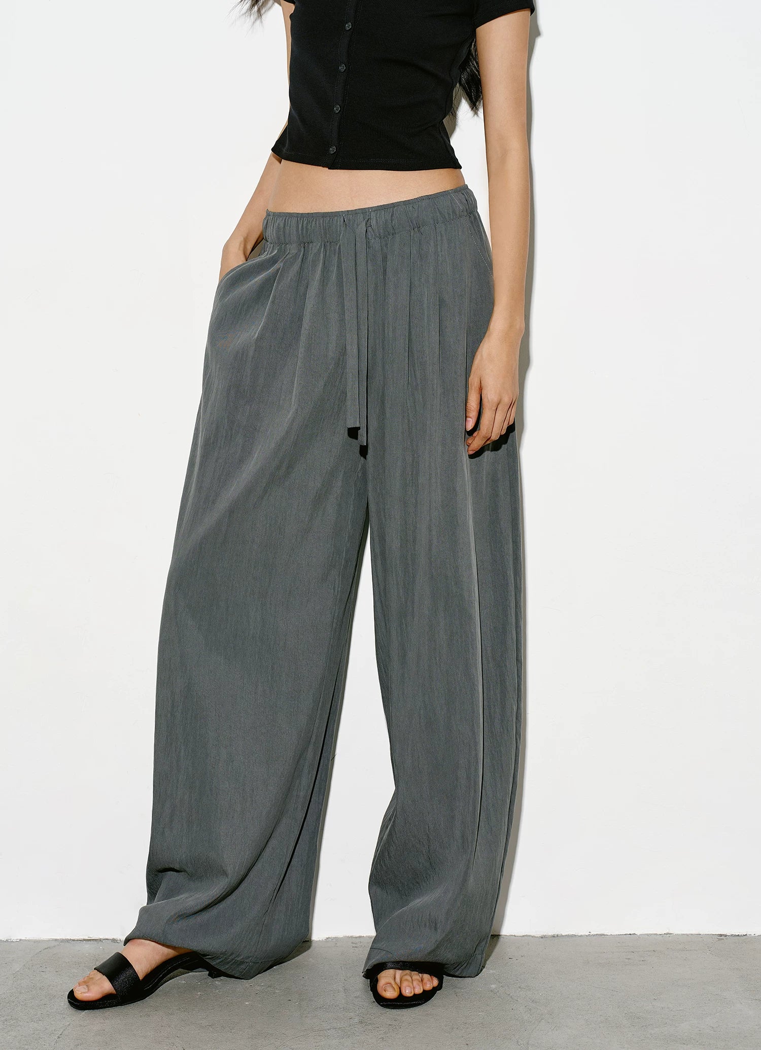 Mist Grey Cotton Blend Wide-Leg Pants