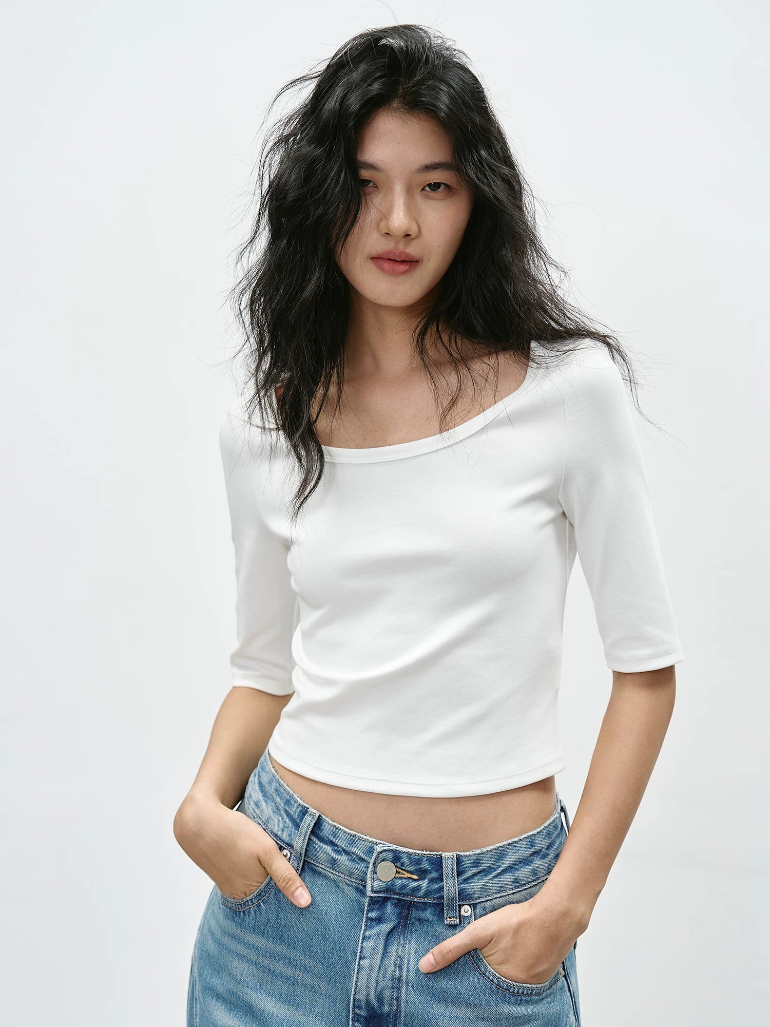 Square-Neck Short-Sleeve Cotton Blend T-Shirt