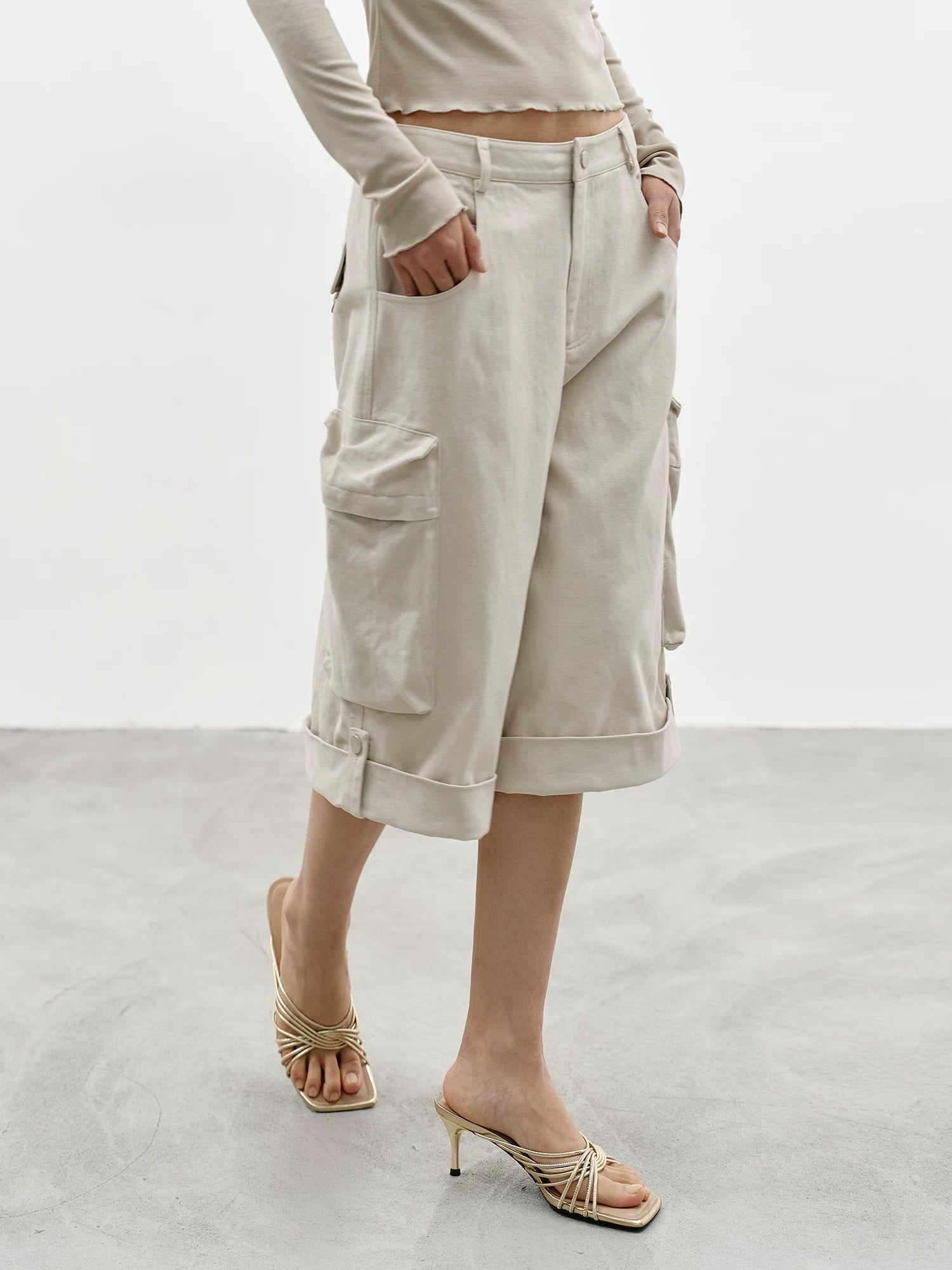 Beige Wide-Leg Cargo Shorts