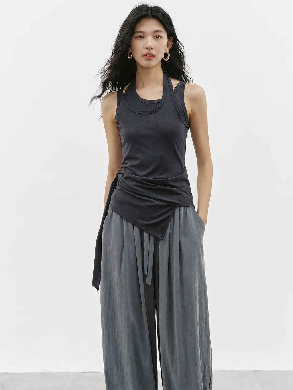 High-Stretch Faux Two-Piece Halter Top