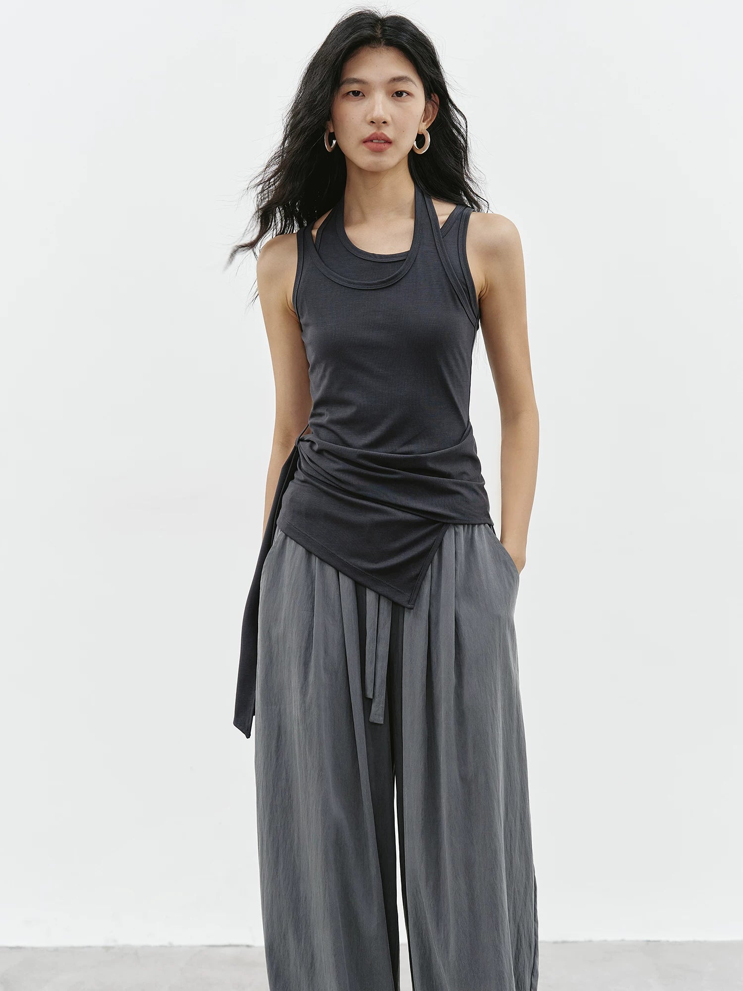 High-Stretch Faux Two-Piece Halter Top