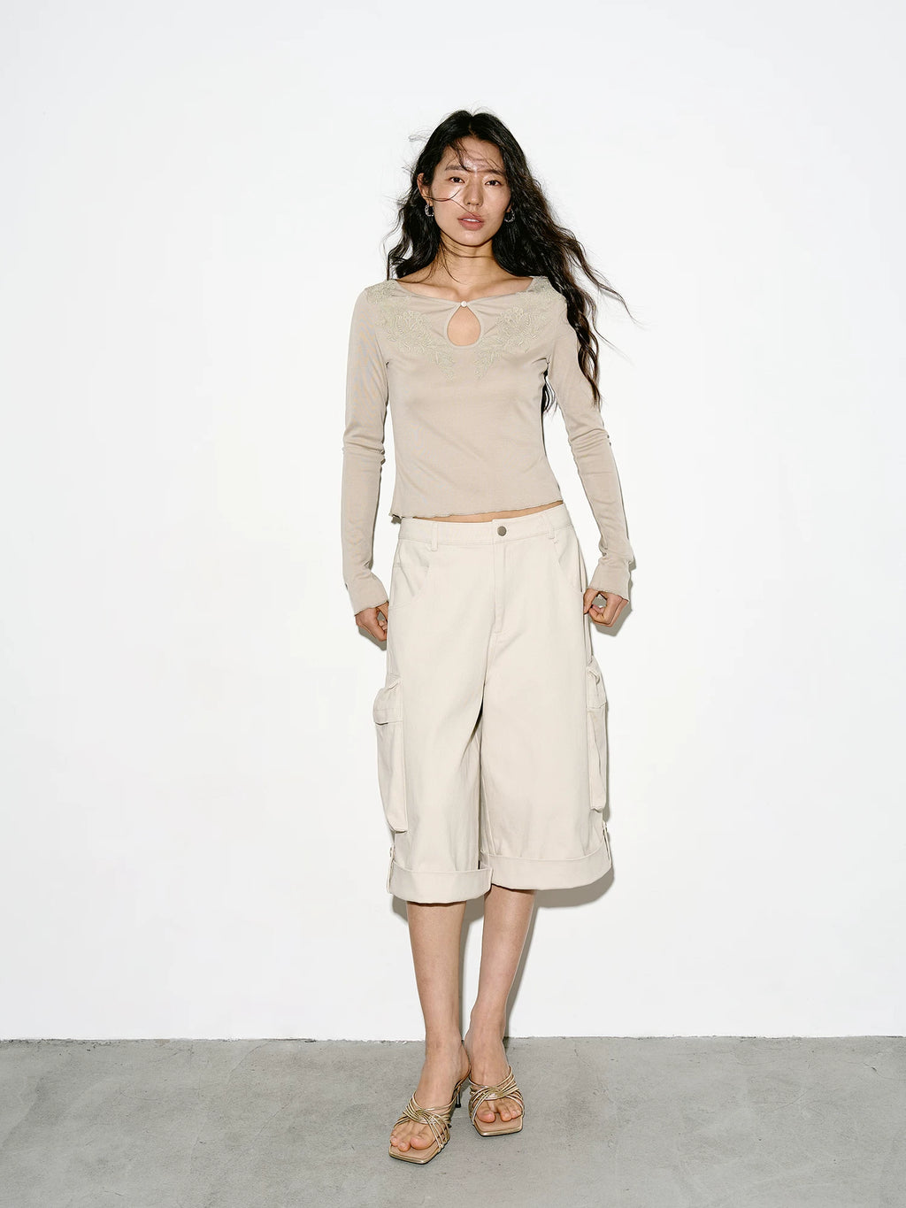 Beige Wide-Leg Cargo Shorts