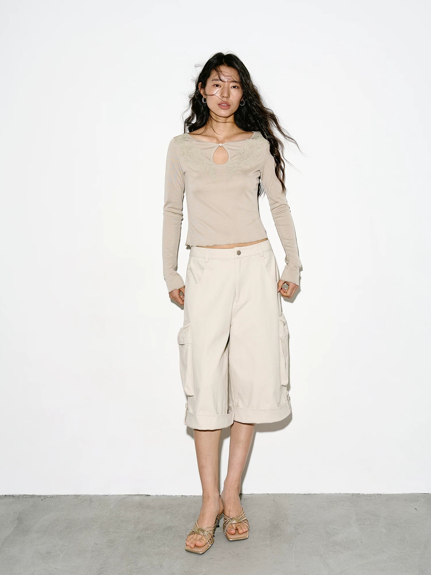 Beige Wide-Leg Cargo Shorts
