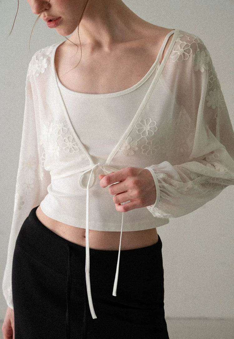 Floral Embroidered Chiffon Cardigan Cami Two-Piece Set