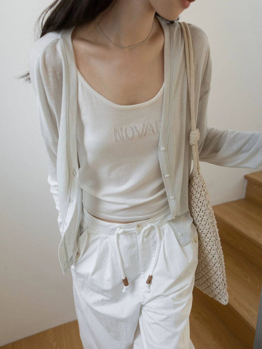 VNOOK knit cardigan side view drop shoulder detail button closure