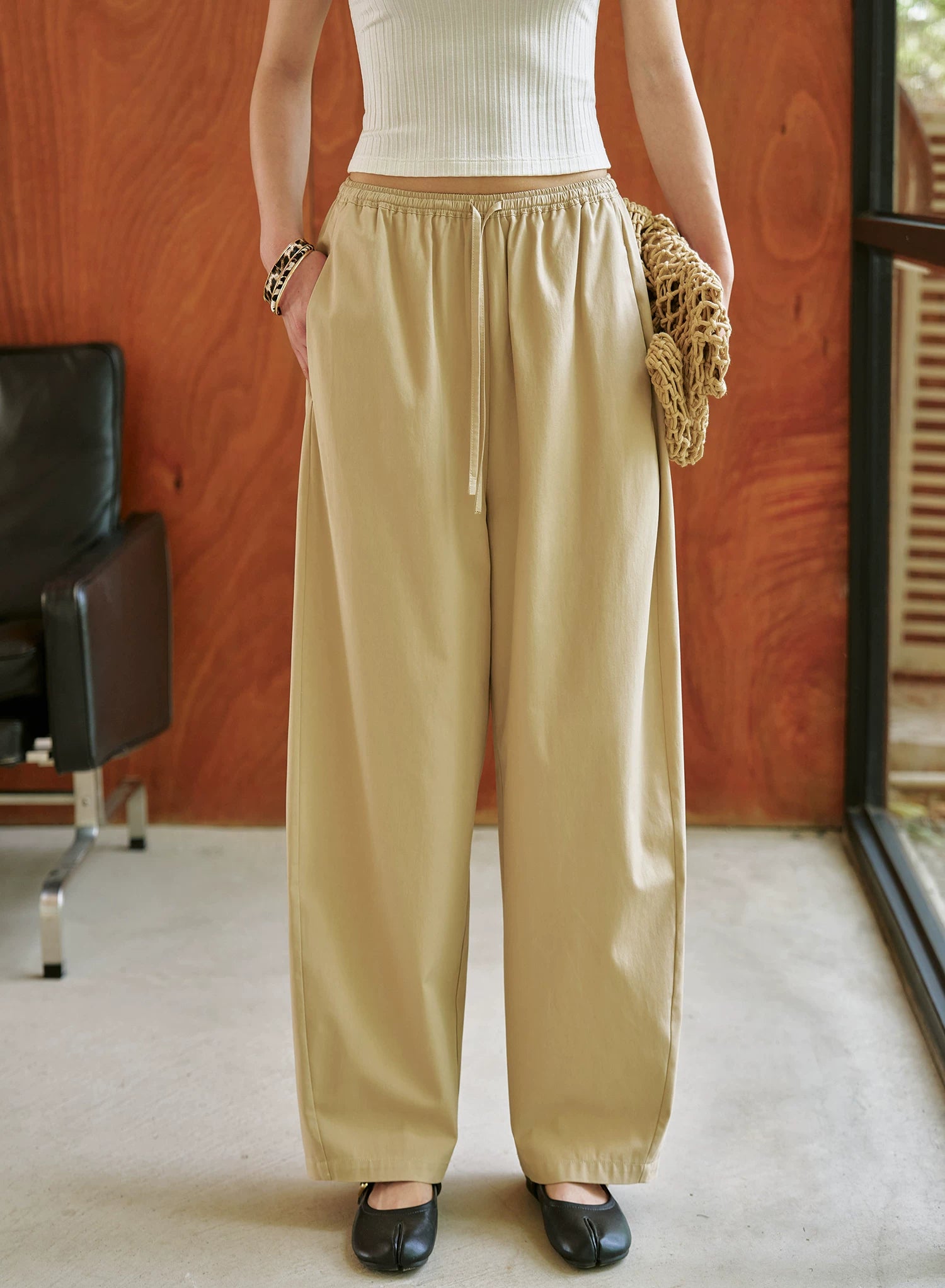 Tencel Cotton Khaki Wide-Leg Pants