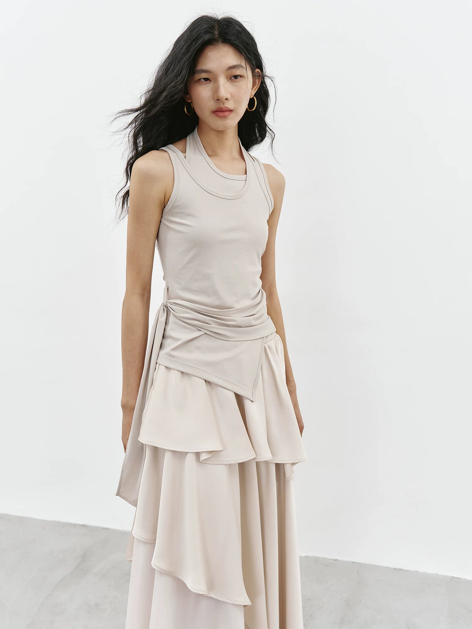 High-Stretch Faux Two-Piece Halter Top
