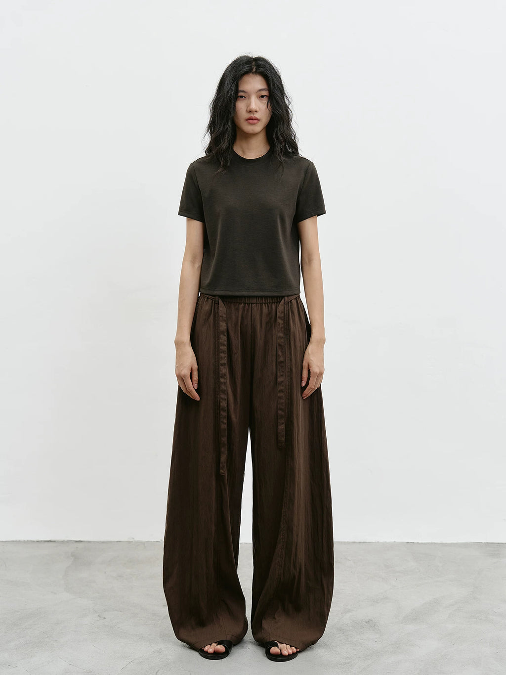 Mocha Brown Drapey Elastic Waist Wide-Leg Pants