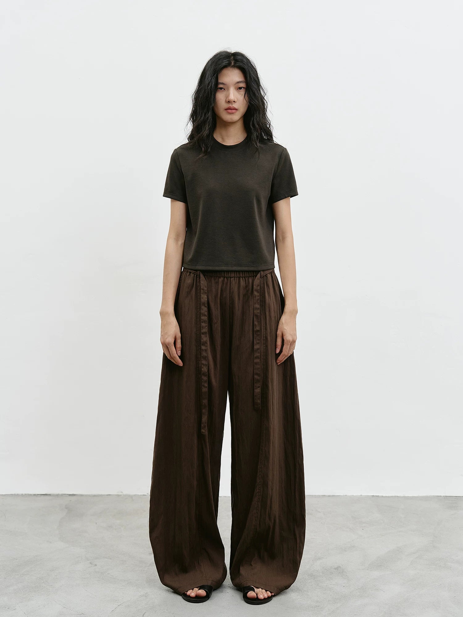 Mocha Brown Drapey Elastic Waist Wide-Leg Pants