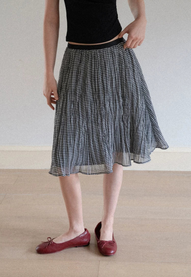 Black & White Plaid Pleated A-Line Midi Skirt