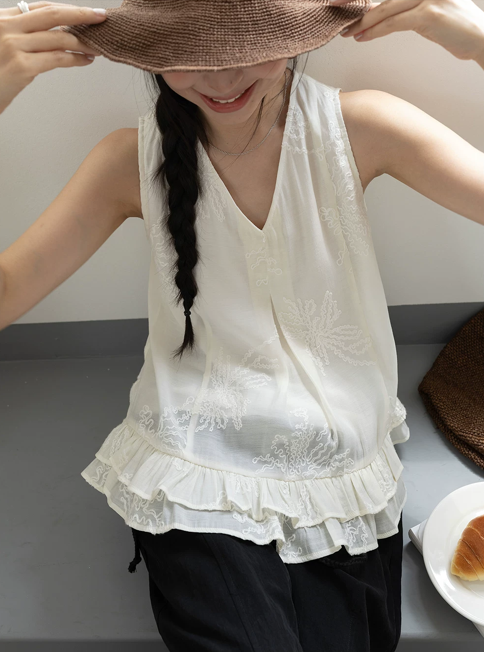 Jacquard V-Neck Peplum Top