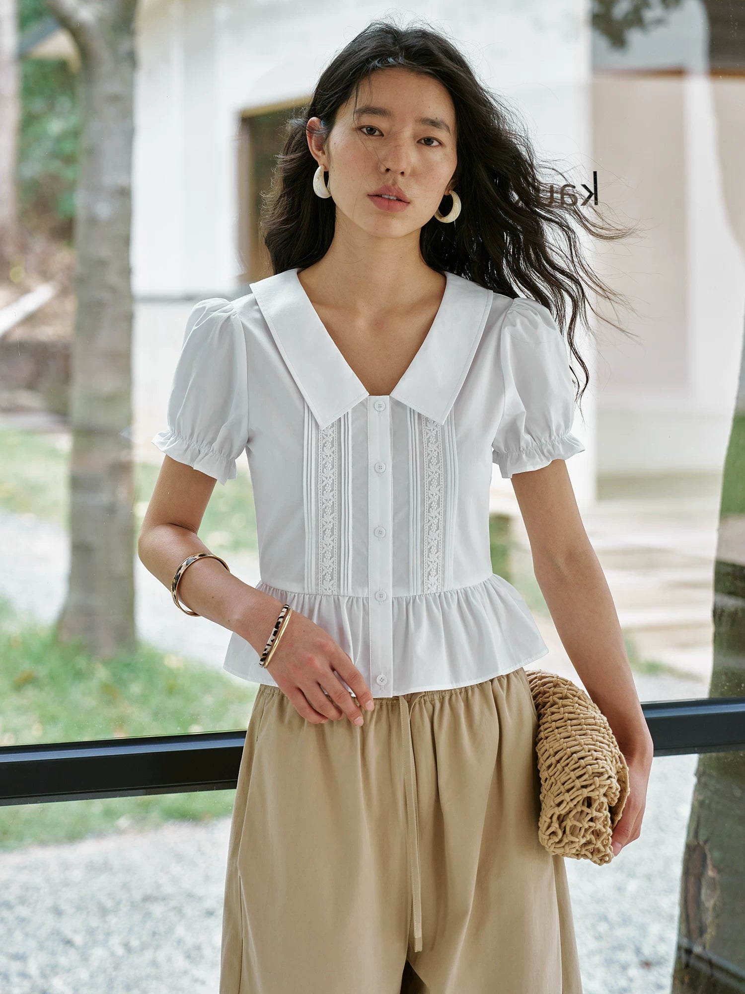 French Polo-Collar Puff-Sleeve Shirt