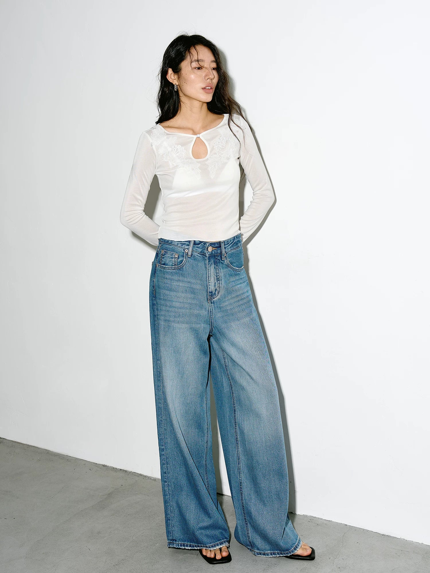 Washed Blue Wide-Leg Denim Jeans