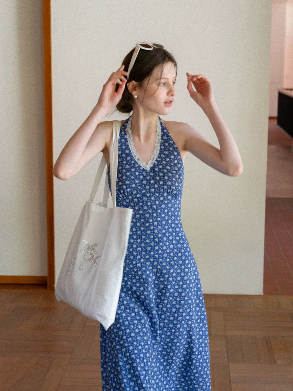 EGGKA eggka lace halter floral a-line midi dre blue small