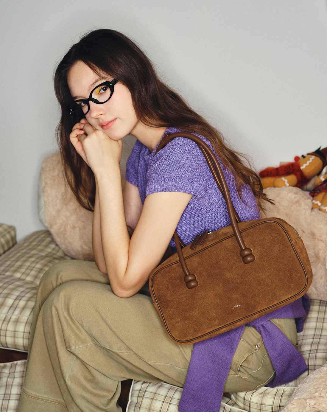 MUVA Suede Leather Boston Bag