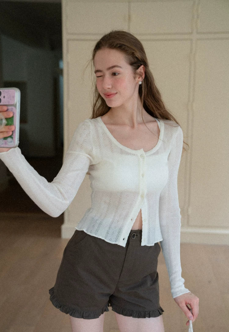 Round-Neck Long-Sleeve Fitted Knit Cardigan