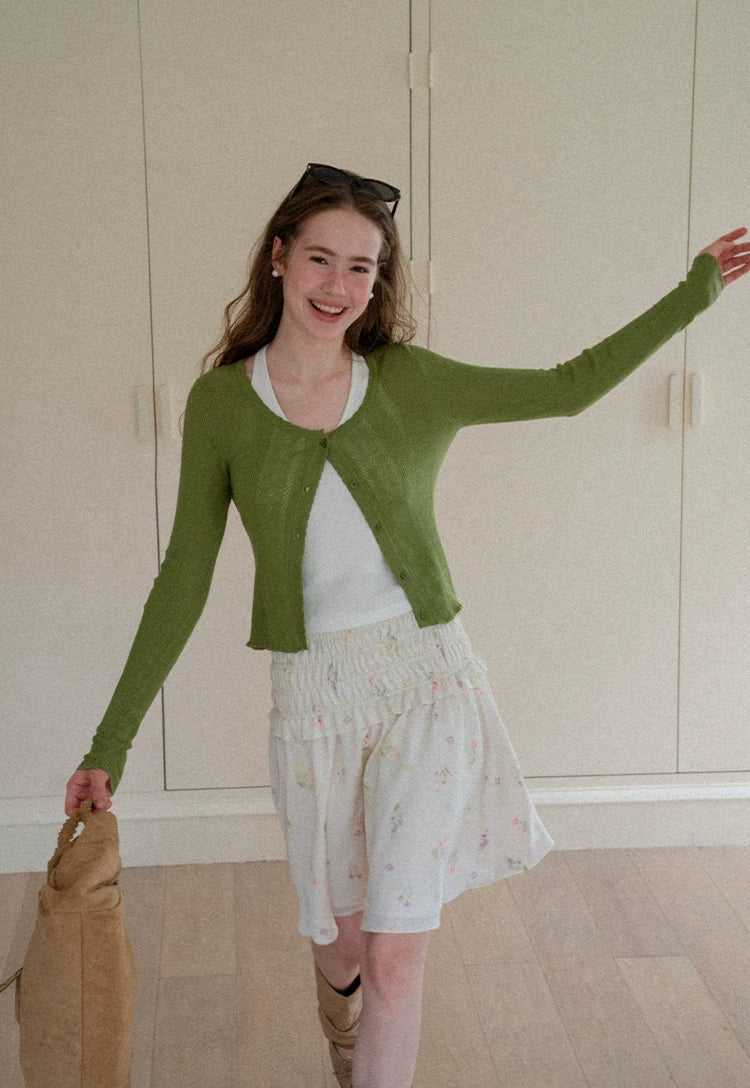 Round-Neck Long-Sleeve Fitted Knit Cardigan