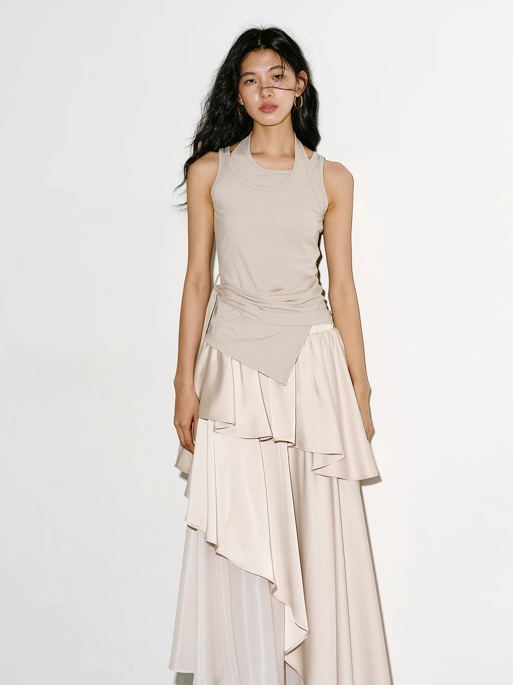 High-Stretch Faux Two-Piece Halter Top