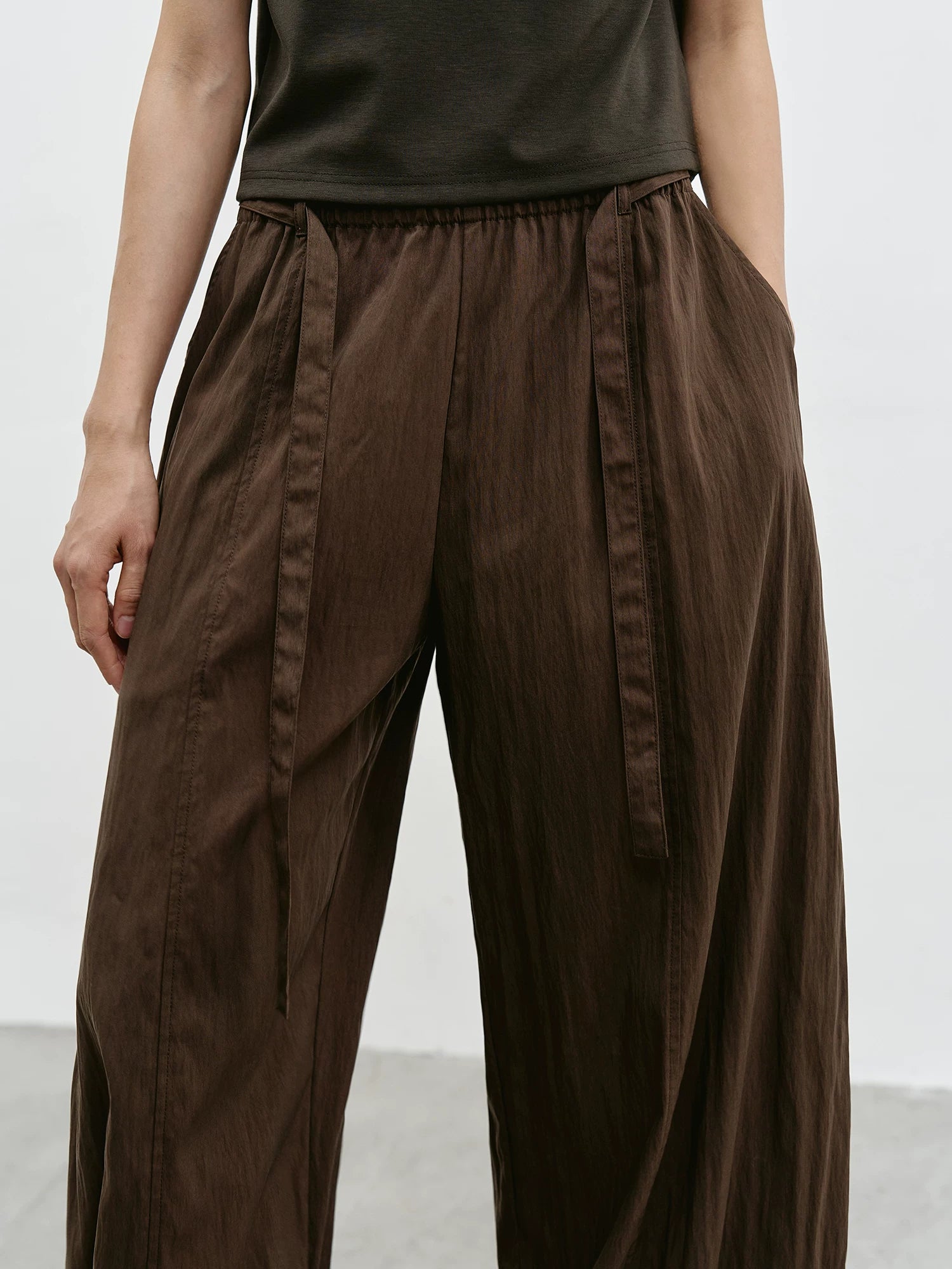 Mocha Brown Drapey Elastic Waist Wide-Leg Pants
