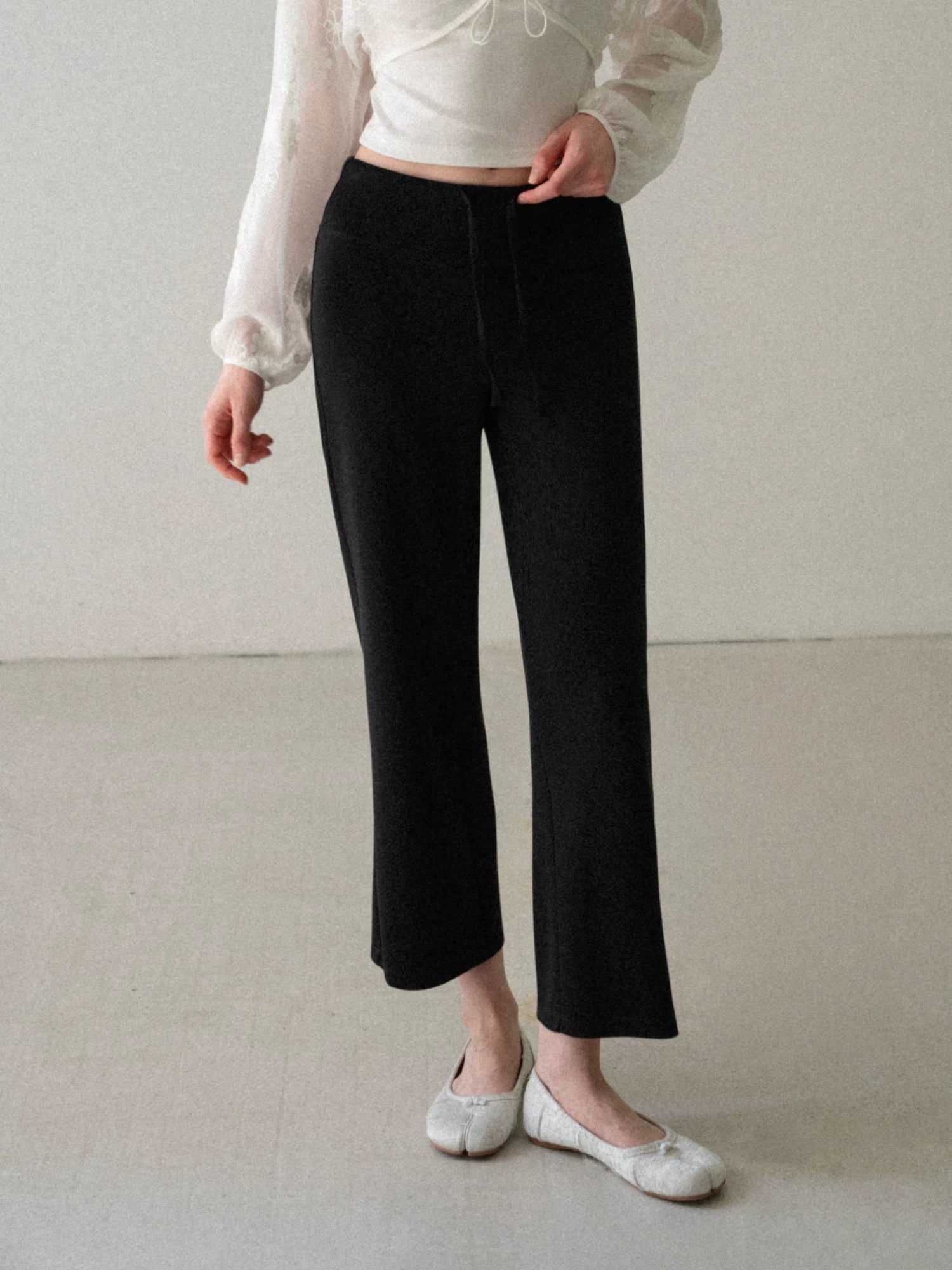 EGGKA elastic high-waist wide-leg cropped pants black large