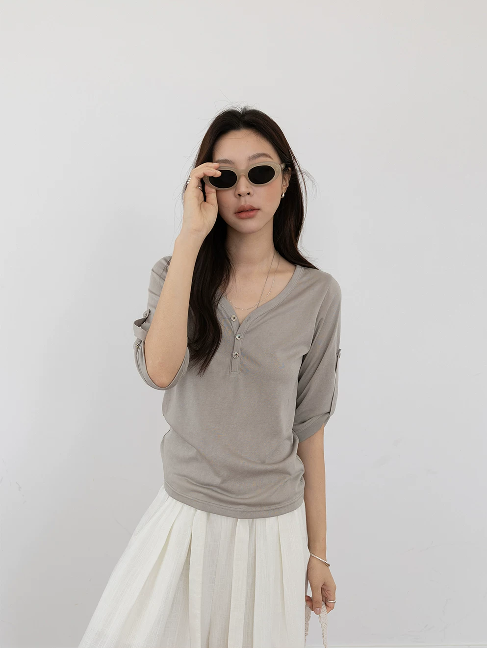 Cotton V-Neck Mid-Sleeve Top