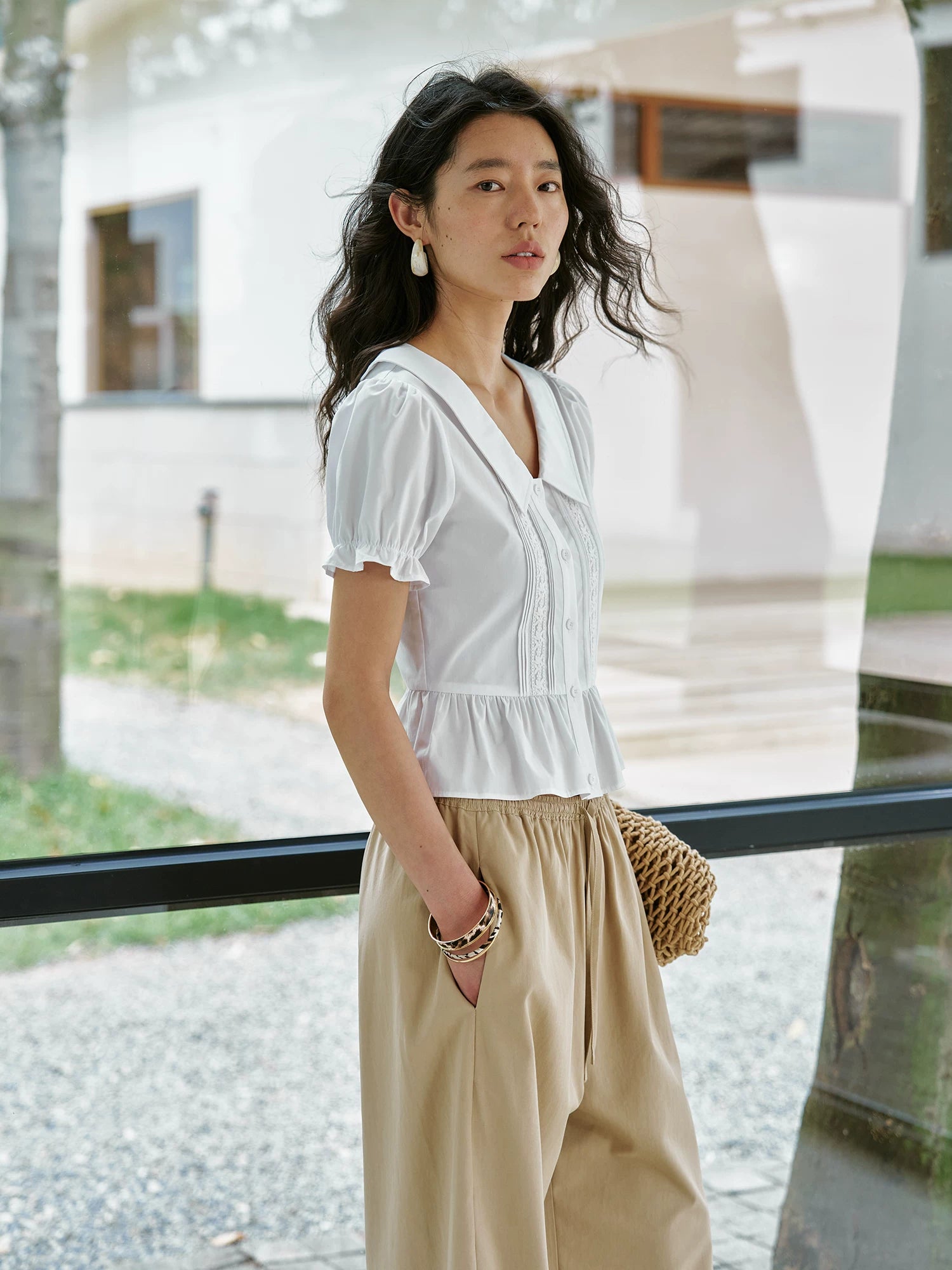 French Polo-Collar Puff-Sleeve Shirt