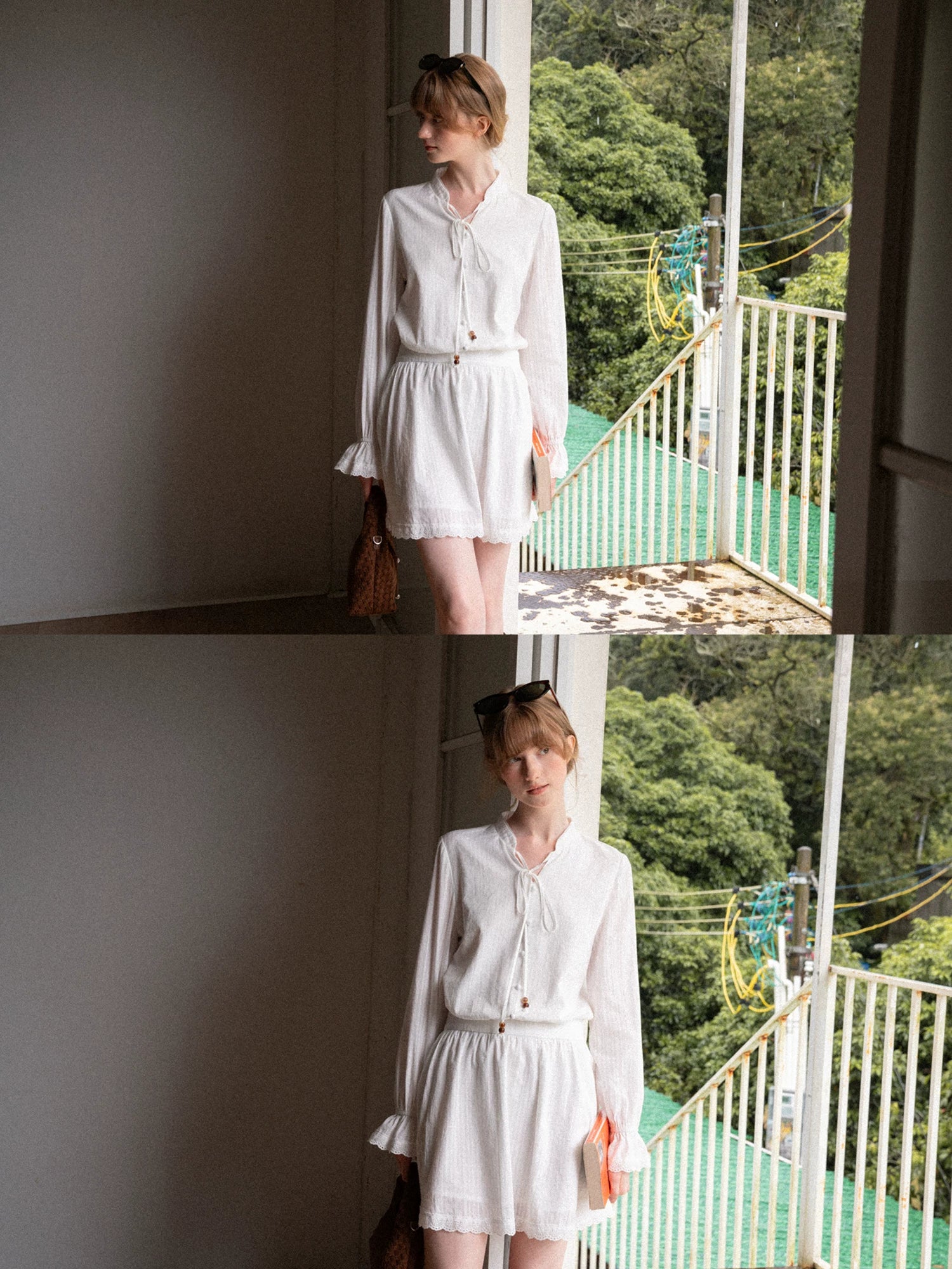 EGGKA stand collar tie-neck shirt dress white large