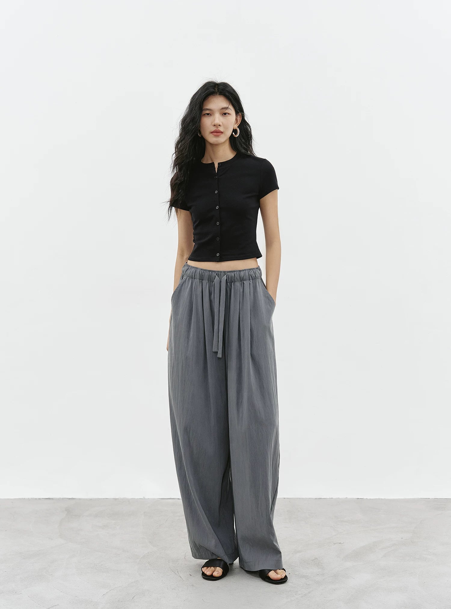 Mist Grey Cotton Blend Wide-Leg Pants