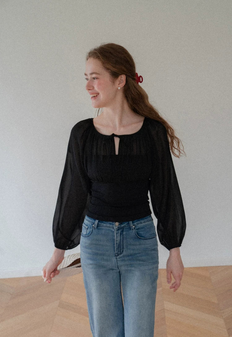 Sheer Off-Shoulder Fitted Floral-Bud Sleeve Blouse